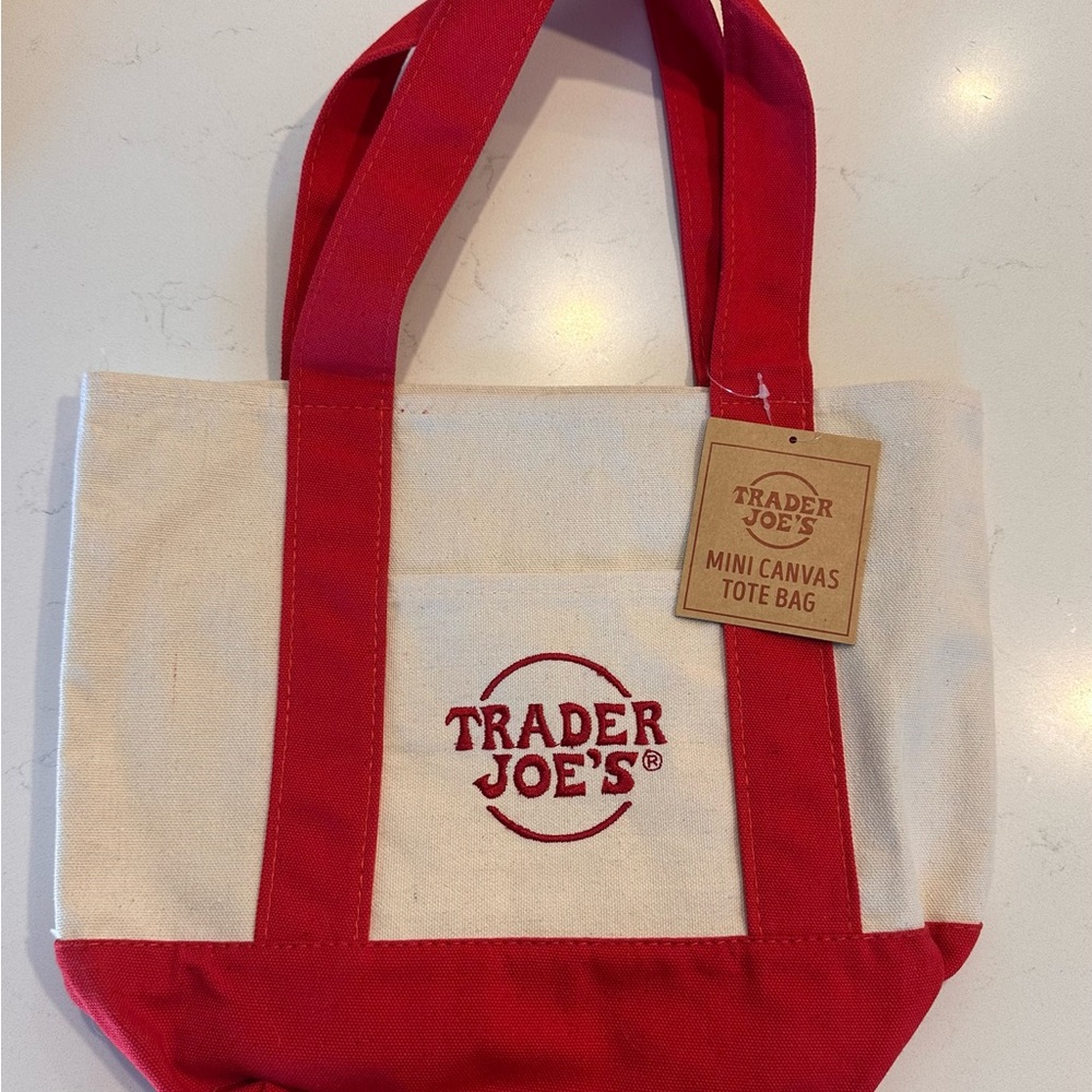 Trader Joe's Red and Cream Canvas Tote Bag